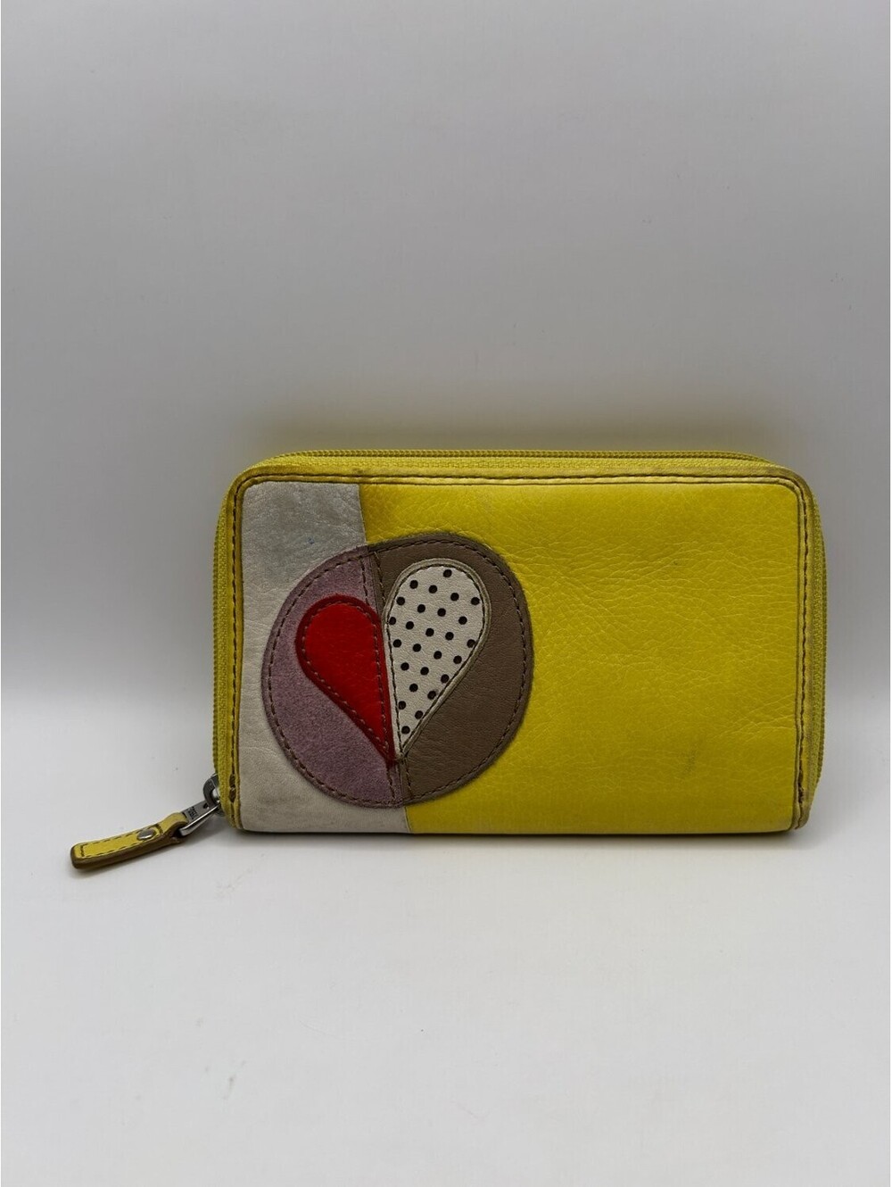 Fossil Vintage Yellow Leather Zip Around Wallet Heart Patchwork ID Card Slots